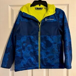 Free country zip up jacket with hood, size 7-8, blue and electric yellow